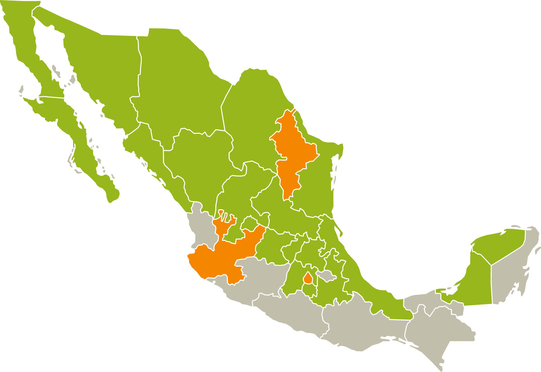 Mapa de la República Mexicana con las ciudades donde INAKAT tiene presencia